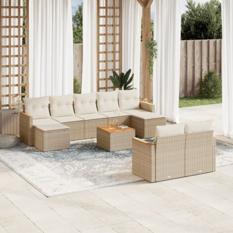 Ensemble Salon Jardin 10 Places Résine Tressée Beige avec Coussins Lavables et Table Acacia (1/3)