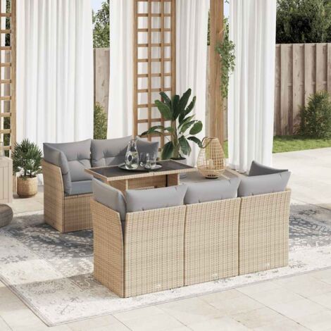 Salon de Jardin 6 Places en Résine Tressée Beige avec Table Réglable et Coussins Gris, Stockage Intégré (1/4)