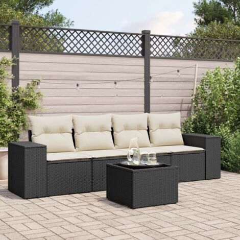 Ensemble Salon Jardin 5 Places Noir Résine Tressée avec Coussins Crème - Table Verre Trempé - Meuble Extérieur Modulaire (1/4)