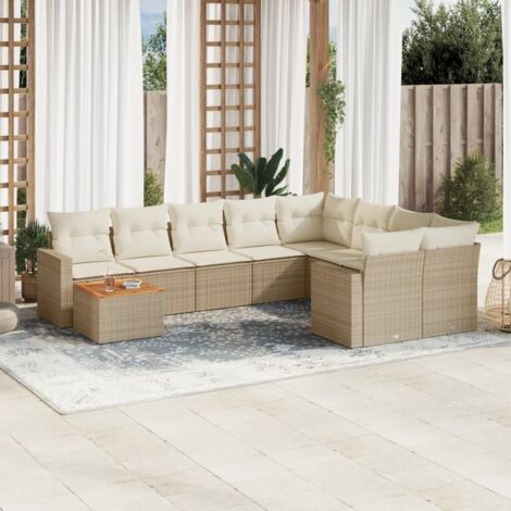 Salon de Jardin 10 Places en Résine Tressée Beige avec Coussins - Ensemble Modulaire avec Table Acacia et Espaces de Rangement (1/4)
