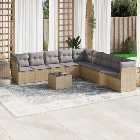 Ensemble de jardin 10 places en résine tressée beige avec table verre trempé et rangements intégrés (1/3)