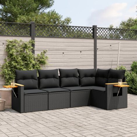 Ensemble Salon Jardin 5 Places Noir Résine Tressée avec Coussins - Canapé d'Extérieur Modulaire avec Table d'Appoint et Rangement Intégré (1/3)