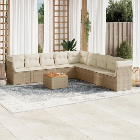 Ensemble Salon Jardin 10 Places Résine Tressée Beige avec Coussins - Table Acacia, Modules Modulables, Rangement Intégré (1/4)
