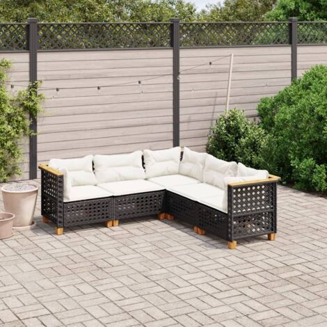 Ensemble Salon Jardin 5 Places Résine Tressée Noir avec Coussins Crème - Canapé d'Angle et Central Modulaire (1/4)