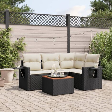 Ensemble Salon Jardin 5 Places Noir Résine Tressée avec Coussins Crème - Table Acacia - Modulaire (1/4)