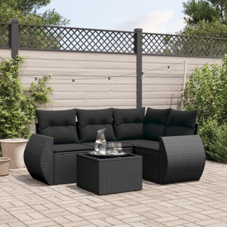 Ensemble Salon Jardin 5 Places Noir Résine Tressée avec Coussins et Table Verre Trempé - Meuble Extérieur Modulaire (1/4)