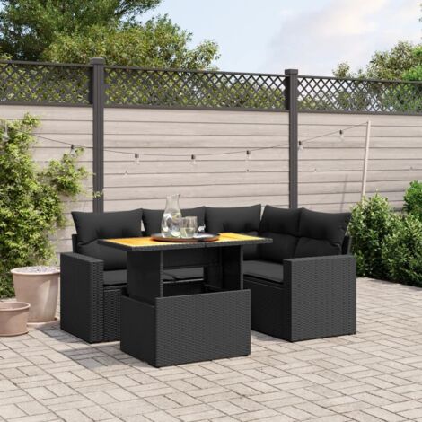 Ensemble Salon Jardin 5 Places Noir Résine Tressée avec Coussins - Table Acacia Modulable (1/3)