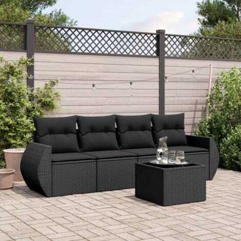 Ensemble Salon Jardin 5 Places Noir Résine Tressée avec Table Verre Trempé et Coussins Détachables (1/3)