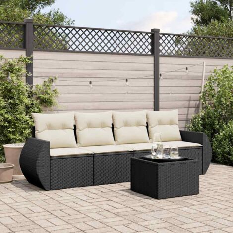 Ensemble Salon Jardin 5 Places Noir Résine Tressée avec Table Verre Trempé et Coussins Crème - Meuble Extérieur Modulaire avec Rangement Intégré (1/3)