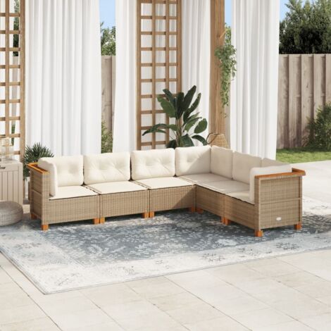 Ensemble Salon Jardin 6 Places Résine Tressée Beige avec Coussins Amovibles - Modulaire (1/4)