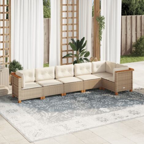 Ensemble Salon Jardin 6 Places Résine Tressée Beige avec Coussins Crème Modulable (1/4)