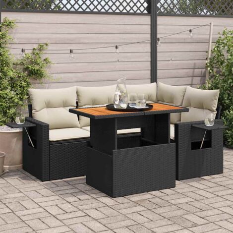 Salon de Jardin 5 Places Noir Résine Tressée avec Table Réglable et Coussins Crème - Ensemble Modulaire avec Rangement Intégré (1/4)