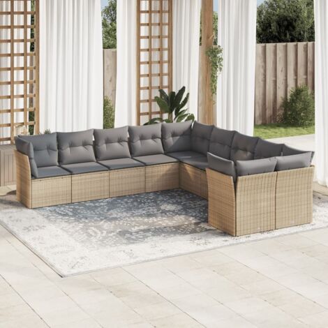 Ensemble Salon Jardin 10 Places Résine Tressée Beige avec Coussins Gris Modulaire Stockage (1/3)