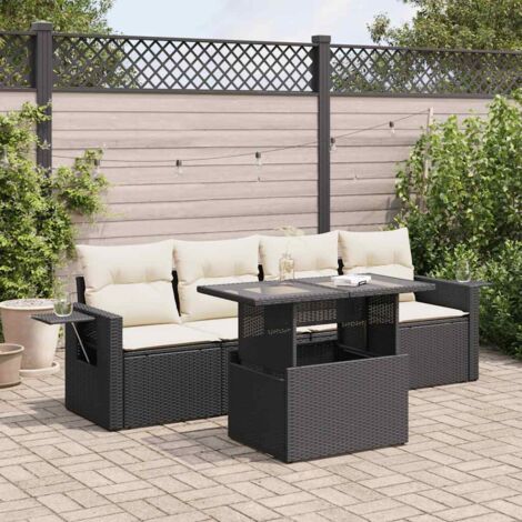 Ensemble Salon Jardin 5 Places Noir Résine Tressée avec Coussins Crème - Table Réglable et Rangement Intégré (1/4)