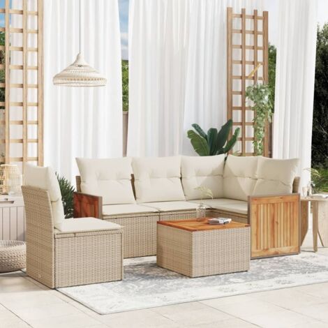 Ensemble de jardin 6 places en résine tressée beige avec table acacia et rangement intégré (1/3)