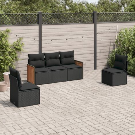 Ensemble Salon Jardin 5 Places Noir Résine Tressée avec Coussins - Meuble Extérieur Modulaire avec Rangement (1/3)