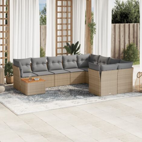Ensemble Salon Jardin 10 Places Résine Tressée Beige avec Coussins Gris Modulaire (1/3)