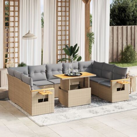 Ensemble Salon Jardin 10 Places Résine Tressée Beige avec Coussins Gris, Table Réglable et Accoudoirs Bois Acacia (1/3)
