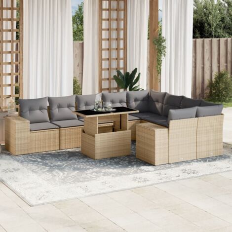 Ensemble Salon Jardin 10 Places Résine Tressée Beige avec Coussins Gris Table Réglable Modulaire (1/4)