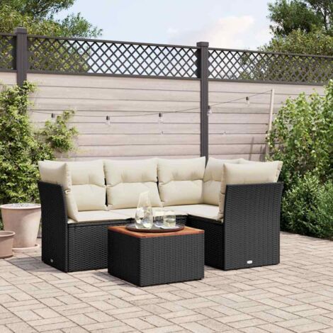 Ensemble Salon Jardin 5 Places Noir Résine Tressée avec Coussins Crème - Table Acacia, Stockage Integré, Modulaire (1/4)