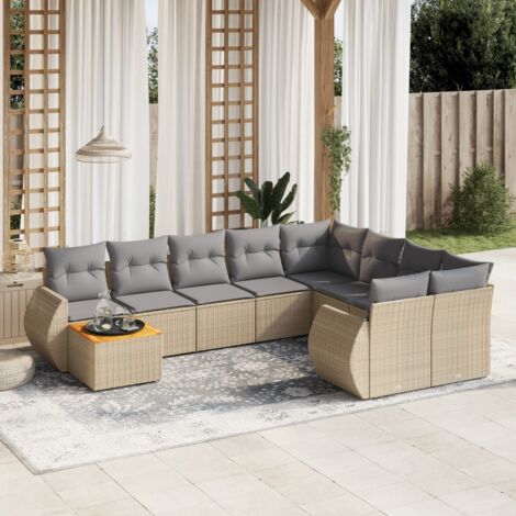 Ensemble Salon Jardin 10 Places Résine Tressée Beige avec Coussins Gris - Table Acacia, Modulaire, Résistant aux UV (1/4)