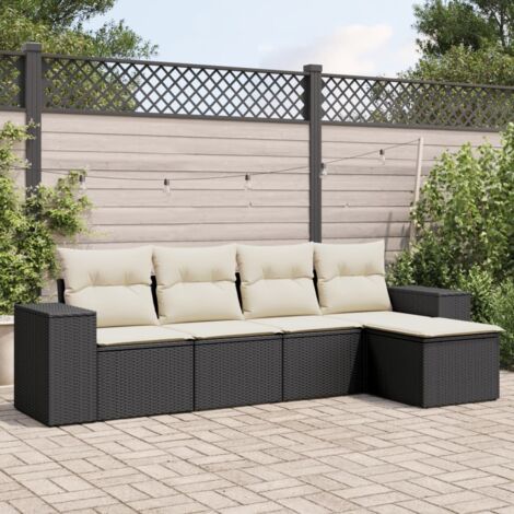 Ensemble Salon Jardin 5 Places Noir Résine Tressée avec Coussins Crème - Meuble Extérieur Modulaire (1/4)