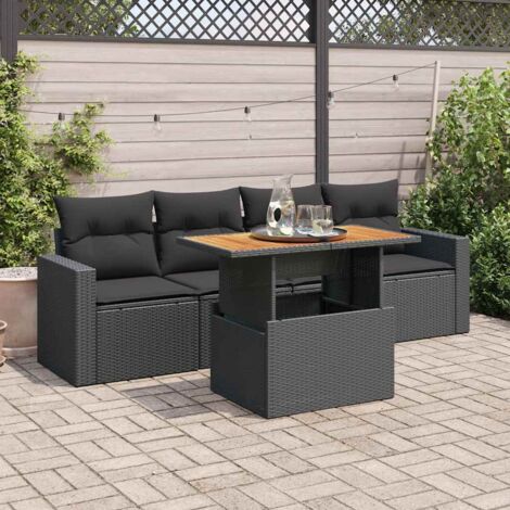 Ensemble Salon Jardin 5 Places Noir Résine Tressée avec Coussins, Table Réglable et Rangement Modulaire (1/4)