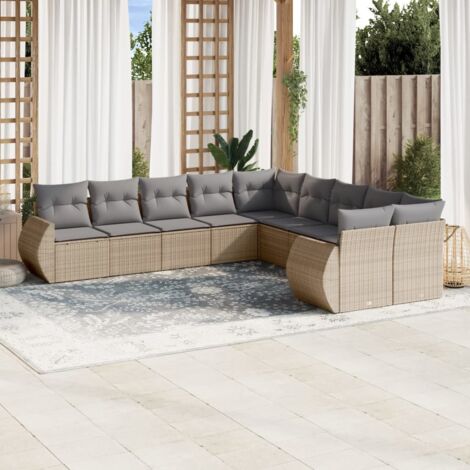 Ensemble Salon Jardin 10 Places Résine Tressée Beige avec Coussins Gris Modulable et Rangement (1/3)