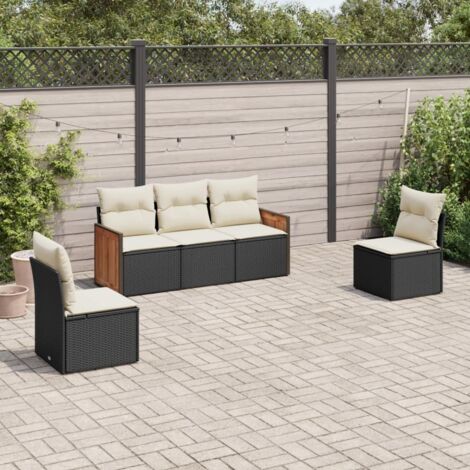 Ensemble Salon Jardin 5 Places Noir Résine Tressée avec Coussins Crème - 3 Sièges + 2 Canapés Modulaires, Rangement Intégré, Housse Lavable (1/3)