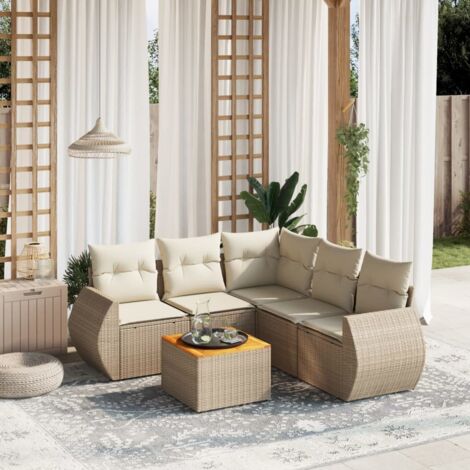 Ensemble de jardin 6 places en résine tressée beige avec table acacia et rangement intégré - Salon extérieur modulaire avec coussins (1/3)