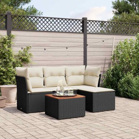 Ensemble Salon Jardin 5 Places Noir Résine Tressée avec Table Acacia et Coussins Crème - Modulaire avec Rangement Intégré (1/4)