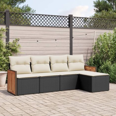 Ensemble Salon Jardin 5 Places Noir Résine Tressée avec Coussins Crème - Canapé 2+2+1 Modulaire Meuble Extérieur (1/4)