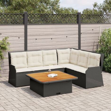 Ensemble Salon Jardin 5 Places Noir Résine Tressée avec Coussins Crème - Table Acacia, Dossier Réglable, Housse Lavable (1/4)