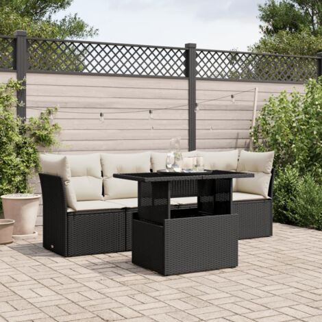 Ensemble Salon Jardin 5 Places Noir Résine Tressée avec Coussins Crème - Table Réglable Hauteur - Meuble Extérieur Modulaire (1/4)