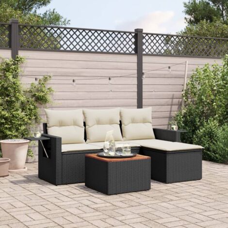 Ensemble Salon Jardin 5 Places Noir Résine Tressée avec Coussins Crème - Table Acacia, Rangement Intégré et Design Modulaire (1/3)