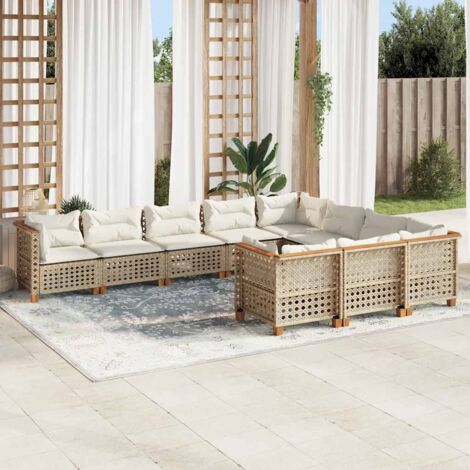 Ensemble Salon Jardin 10 Places Résine Tressée Beige avec Coussins Détachables - Meuble Extérieur Modulaire en Polyrotin et Bois d'Acacia (1/4)