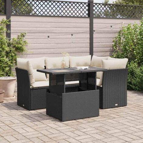 Ensemble Salon Jardin 5 Places Noir Résine Tressée avec Coussins Crème et Table Verre Trempé Modulable (1/4)