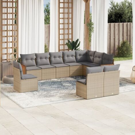 Ensemble Salon Jardin 10 Places Résine Tressée Beige avec Coussins Gris Modulaire Rangement (1/3)