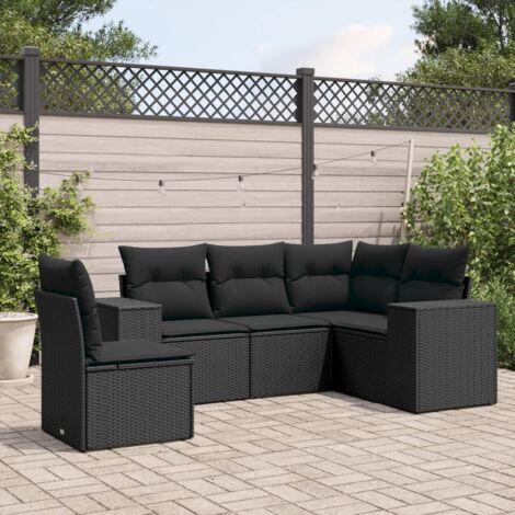Ensemble Salon Jardin 5 Places Noir Résine Tressée avec Coussins - Canapé d'Angle + 2 Sièges Centraux + 2 Canapés Accoudoirs - Meuble Extérieur Modulaire (1/4)