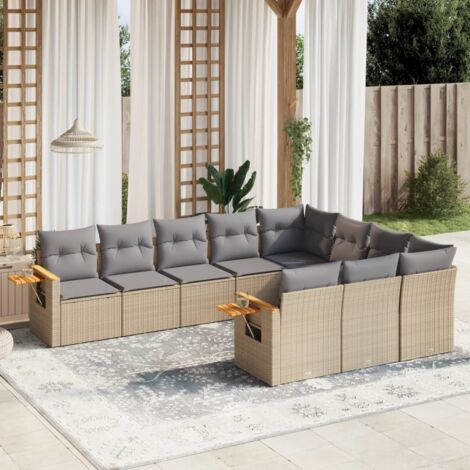 Ensemble Salon Jardin 10 Places Résine Tressée Beige avec Coussins Gris - Mobilier Extérieur Modulaire (1/4)