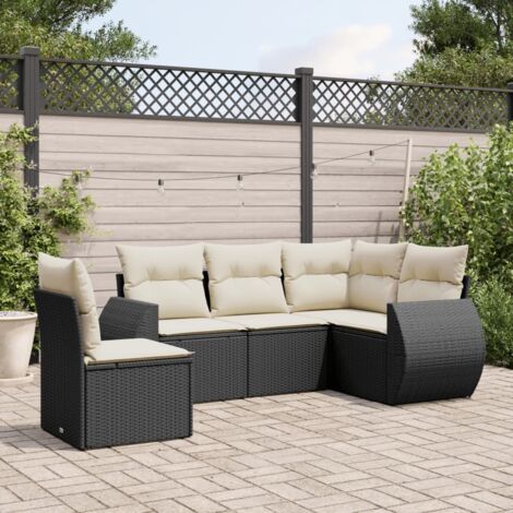 Ensemble Salon Jardin 5 Places Noir Résine Tressée avec Coussins Crème - Modulaire, Rangement Intégré, Résistant aux UV (1/3)