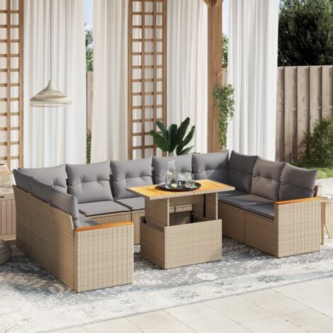 Ensemble Salon Jardin 10 Places Résine Tressée Beige avec Coussins Gris - Table Réglable Modulaire (1/3)