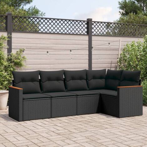 Ensemble de jardin 5 places en résine tressée noir avec coussins - Salon extérieur modulaire avec rangement et housses lavables (1/3)