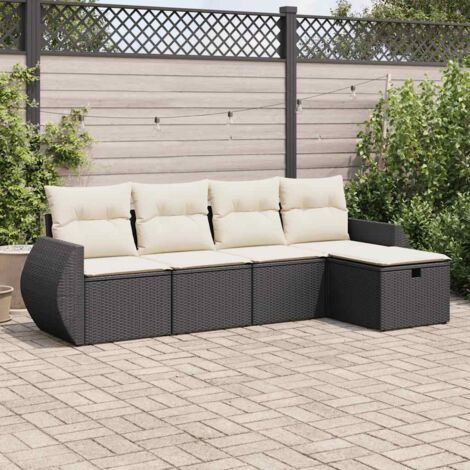 Ensemble Salon Jardin 5 Places Noir Résine Tressée avec Coussins Crème et Fonction Rangement (1/4)