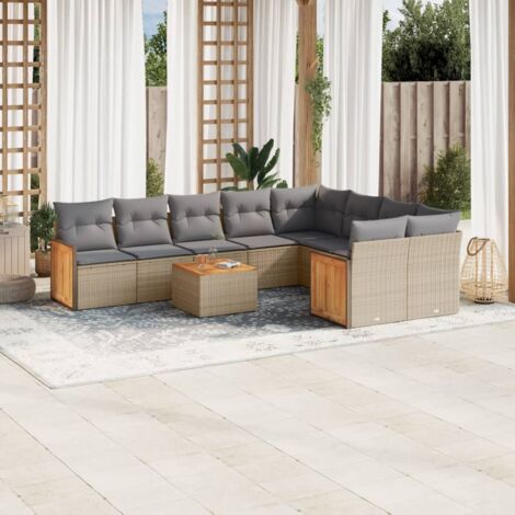 Ensemble Salon Jardin 10 Places Résine Tressée Beige avec Coussins Gris - Canapé, Sièges et Table Acacia - Modulaire Extérieur (1/4)