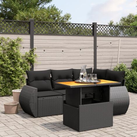 Ensemble Salon Jardin 5 Places Noir Résine Tressée avec Coussins et Table Réglable Acacia (1/3)