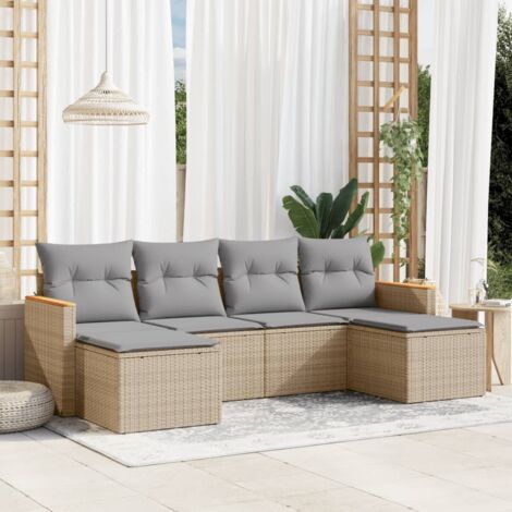 Ensemble Salon Jardin 6 Places Résine Tressée Beige avec Coussins Gris, Stockage Intégré et Accoudoirs Acacia (1/3)
