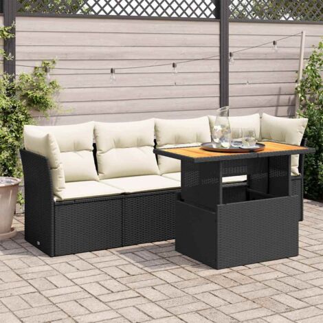 Ensemble Jardin 5 Places Noir Résine Tressée avec Table Acacia et Coussins Crème - Stockage Intégré (1/4)