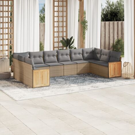 Ensemble Salon Jardin 10 Places Résine Tressée Beige avec Coussins Gris Modulable Stockage (1/3)