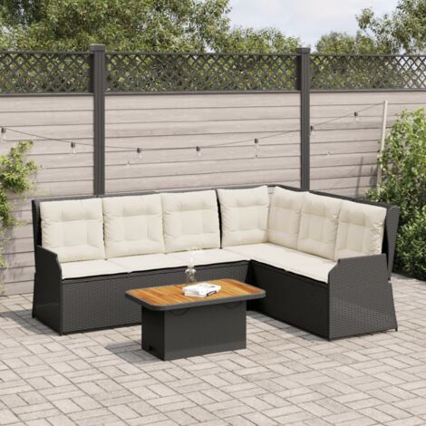 Ensemble Salon Jardin 5 Places Noir Résine Tressée avec Coussins - Bancs Inclinables, Table Acacia et Housses Lavables (1/4)